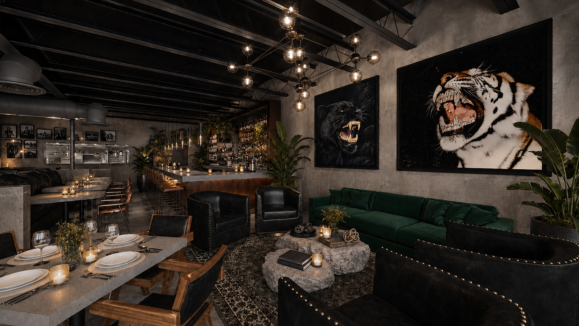 Against All Odds lounge and bar area with tiger and panther artwork, Buena Vista Miami
