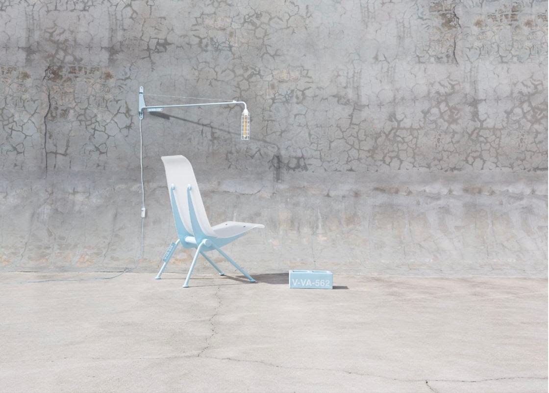 Virgil Abloh x Vitra Antony chair and Petite Potence lamp in baby blue for Basic.Space Luxury Draw 2026