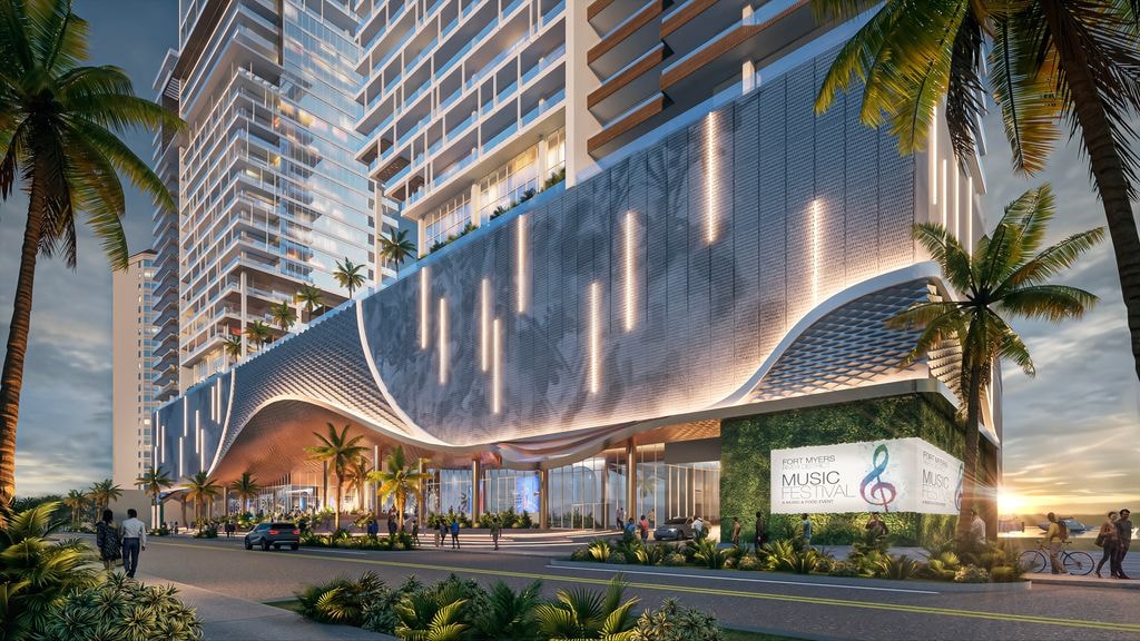 Legacy Harbour Marina exterior rendering at dusk, Fort Myers