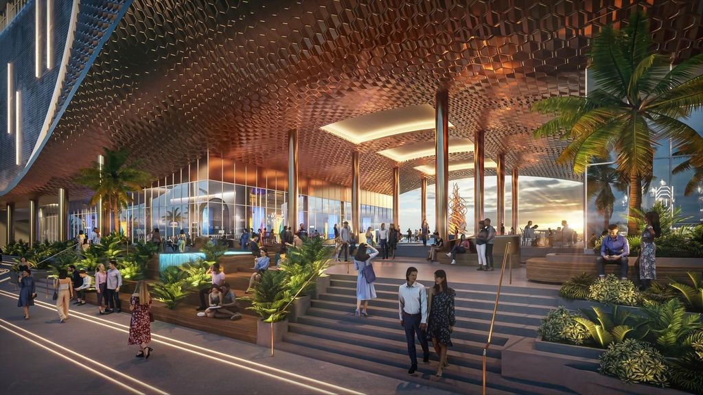 Legacy Harbour Marina interior plaza with tropical landscaping