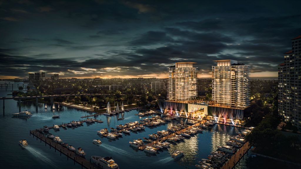 Legacy Harbour Marina night rendering with marina and towers