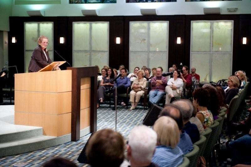 Secretary Albright at the podium during her Read My Pins talk.