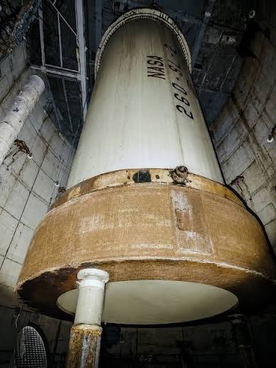 The abandoned NASA 260-SL rocket engine still inside its test stand at Aerojet Dade